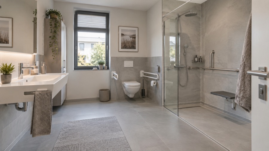 Baño accesible con asiento y asideros
